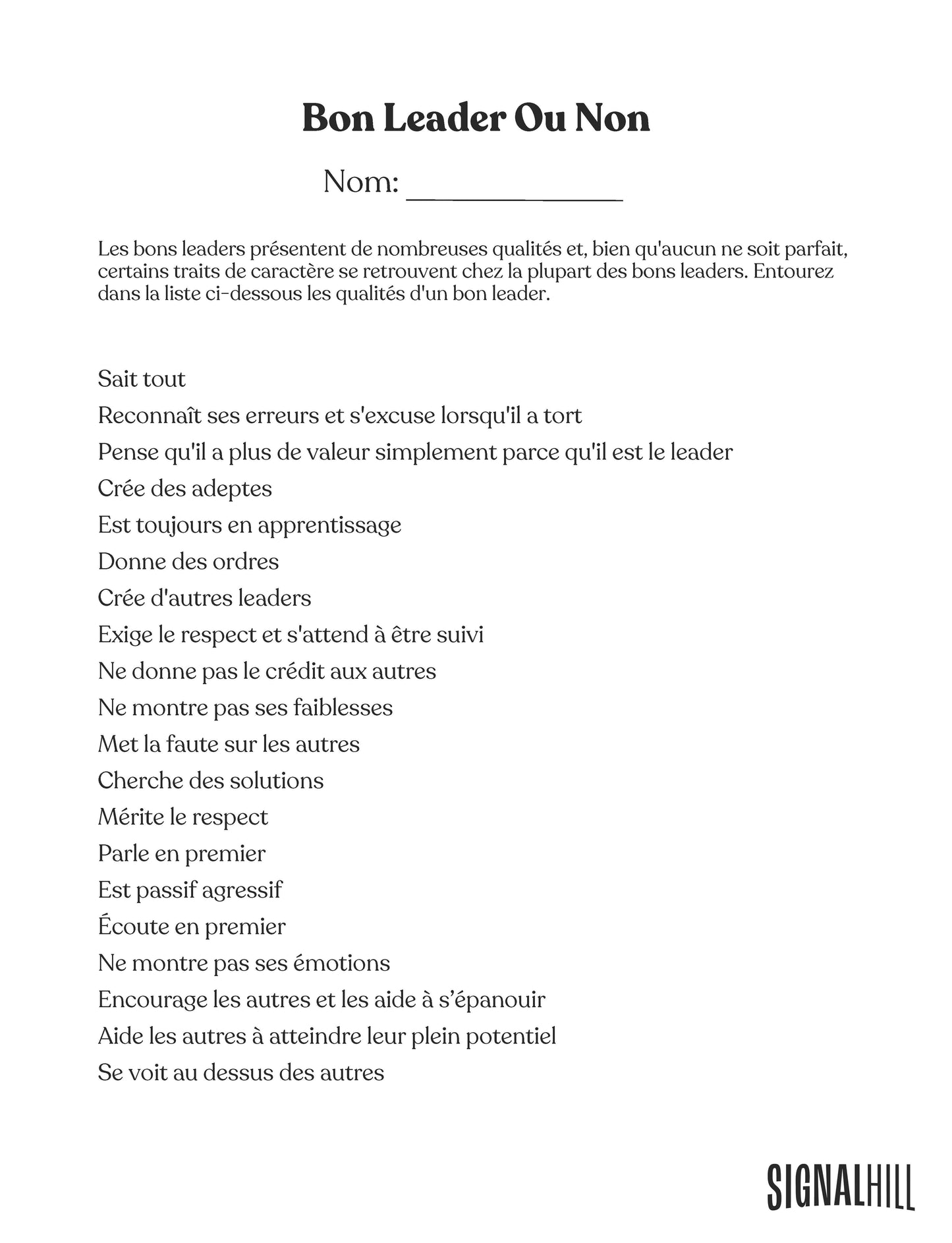 Plan de cours 4: Qualités d'un bon leader
