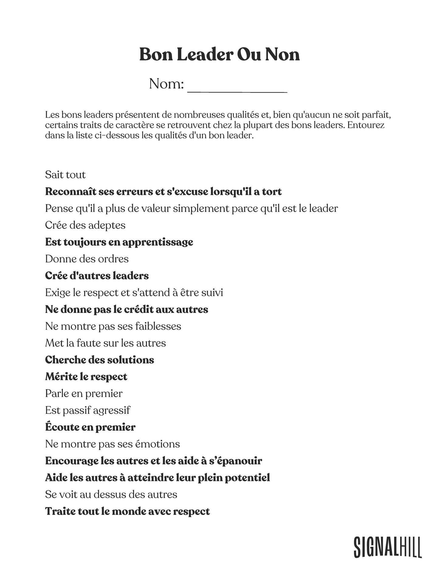 Plan de cours 4: Qualités d'un bon leader