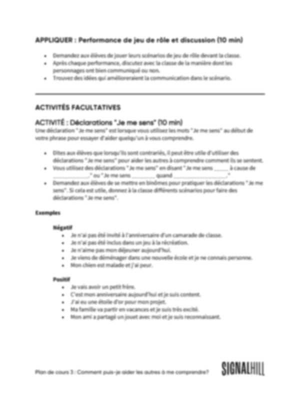 Plan de cours 3: Comment puis-je aider les autres à me comprendre?