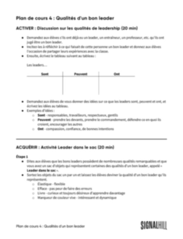 Plan de cours 4: Qualités d'un bon leader