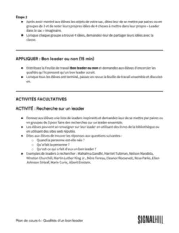 Plan de cours 4: Qualités d'un bon leader