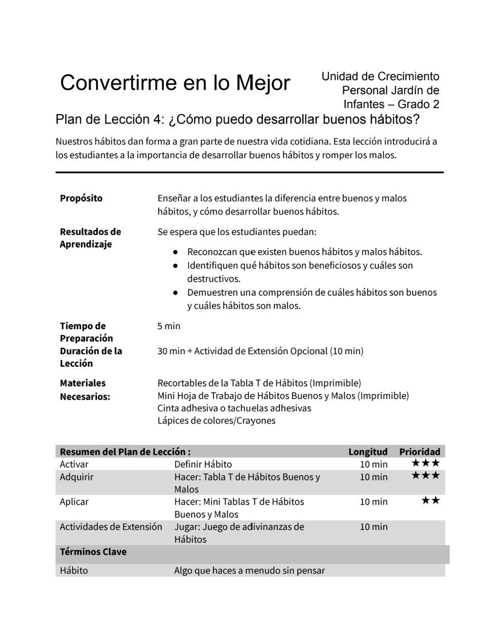 Convertirme en lo Mejor - Paquete de Plan de Lecciones (4 Plan de Lecciones)
