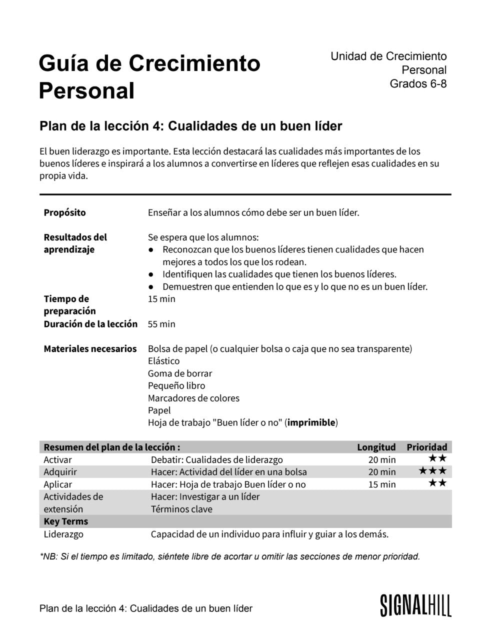 Guía de Crecimiento Personal - Paquete de Plan de Lecciones (4 Plan de Lecciones)