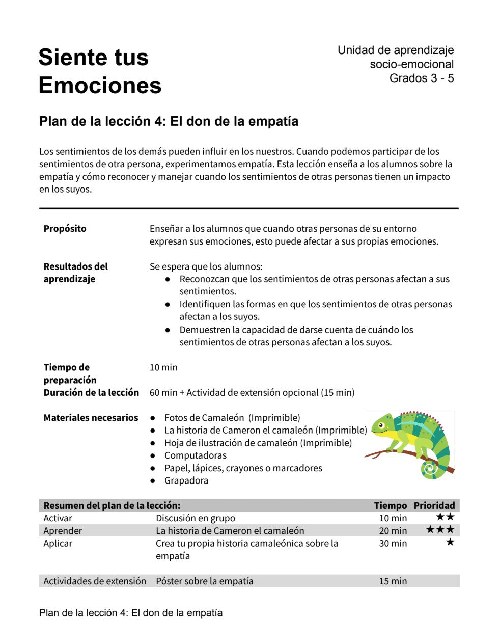 Siente tus Emociones - Paquete de Plan de Lecciones (4 Plan de Lecciones)