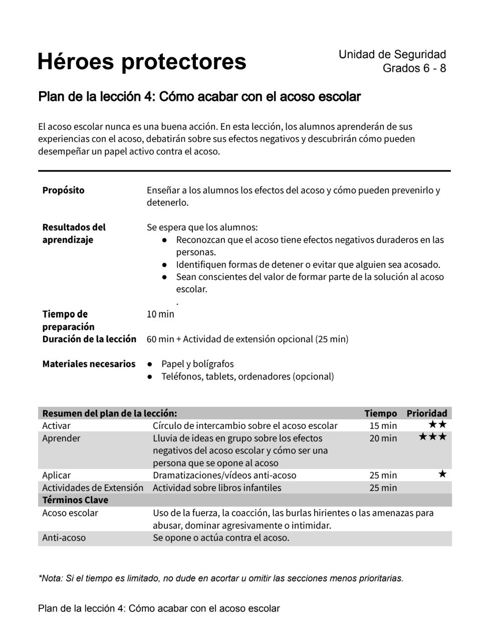 Héroes Protectores - Paquete de Plan de Lecciones (4 Plan de Lecciones)