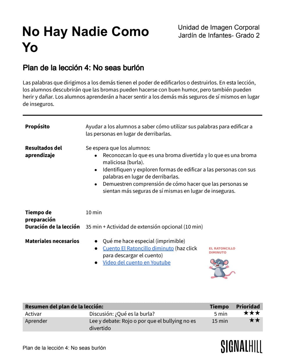 Soy Único - Paquete de Plan de Lecciones (4 Plan de Lecciones)