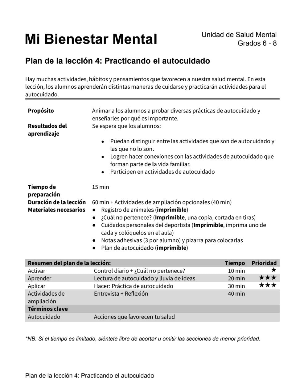 Mi Bienestar Mental - Paquete de Plan de Lecciones (4 Plan de Lecciones)