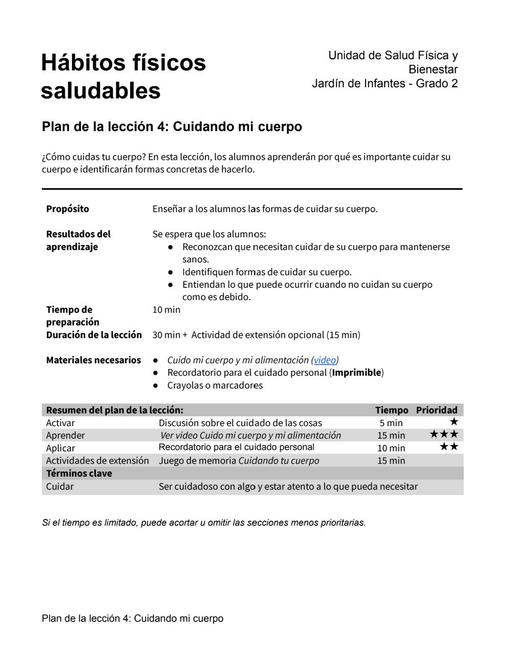 Hábitos Físicos Saludables - Paquete de Plan de Lecciones (4 Plan de Lecciones)