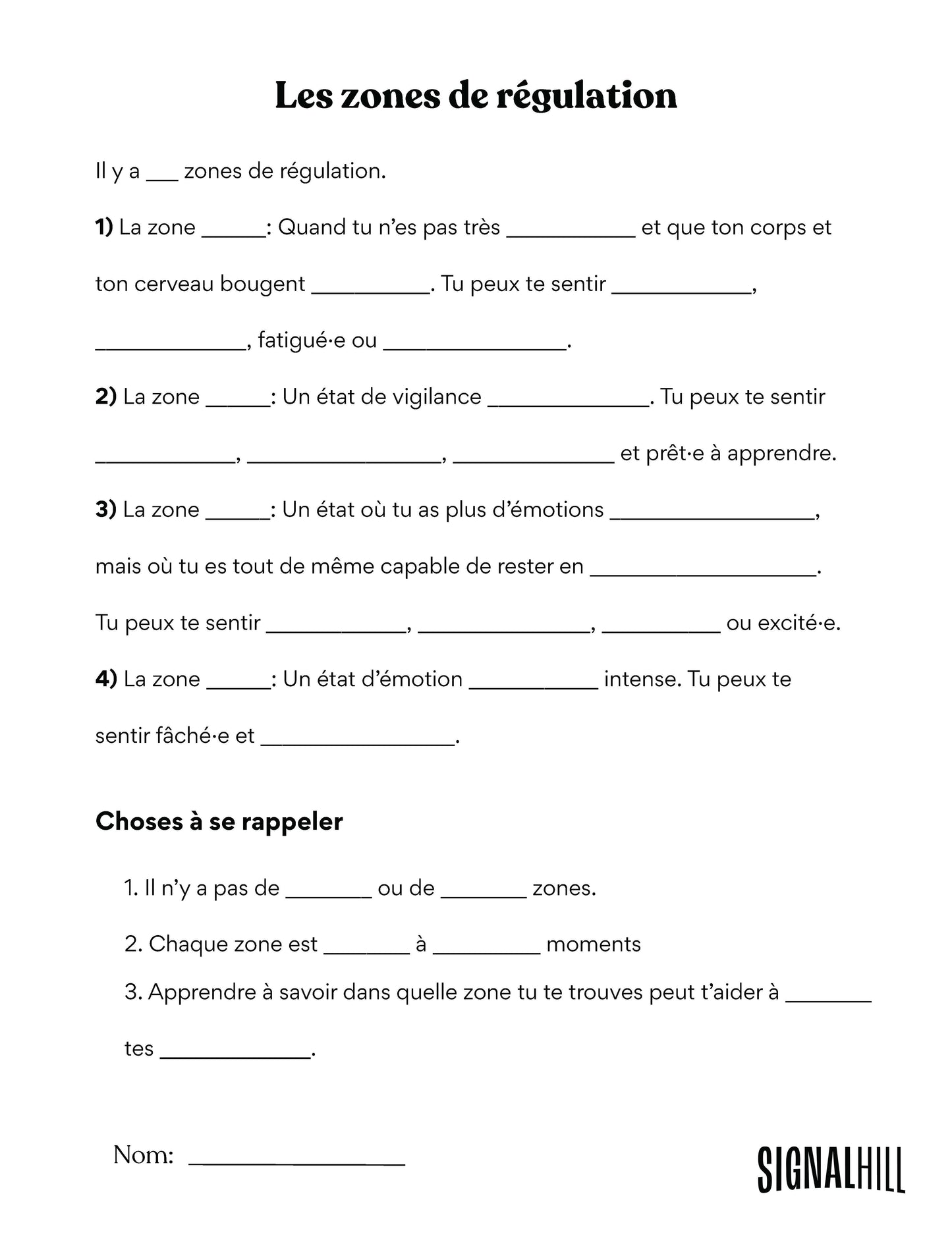 Plan de cours 2: Zones de régulation émotionnelle