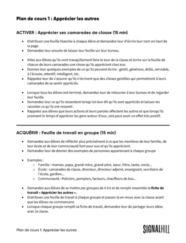 Plan de cours 1: Apprécier les autres