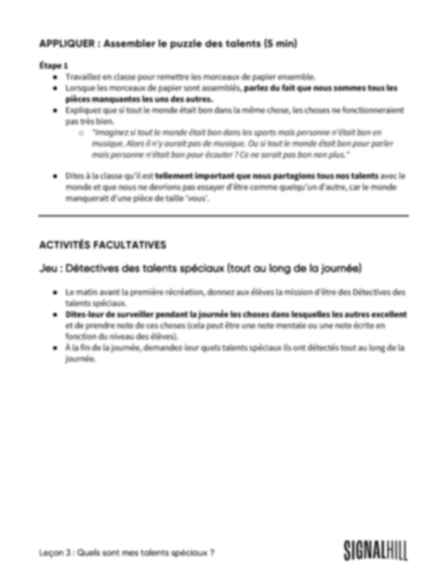 Plan de cours 3: Quels sont mes talents spéciaux?