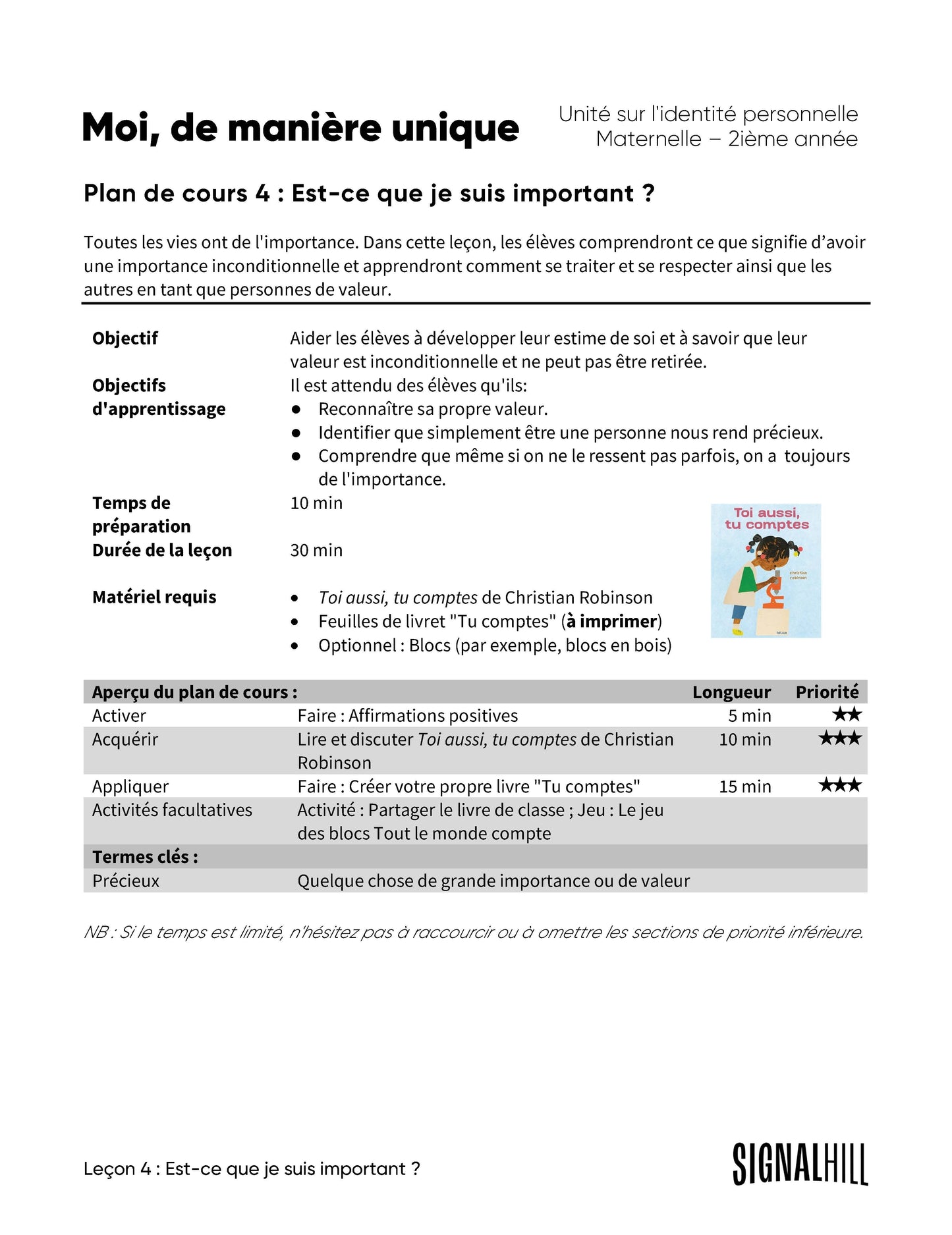 Moi, de manière unique - Ensemble de plans de cours (4 plans de cours)