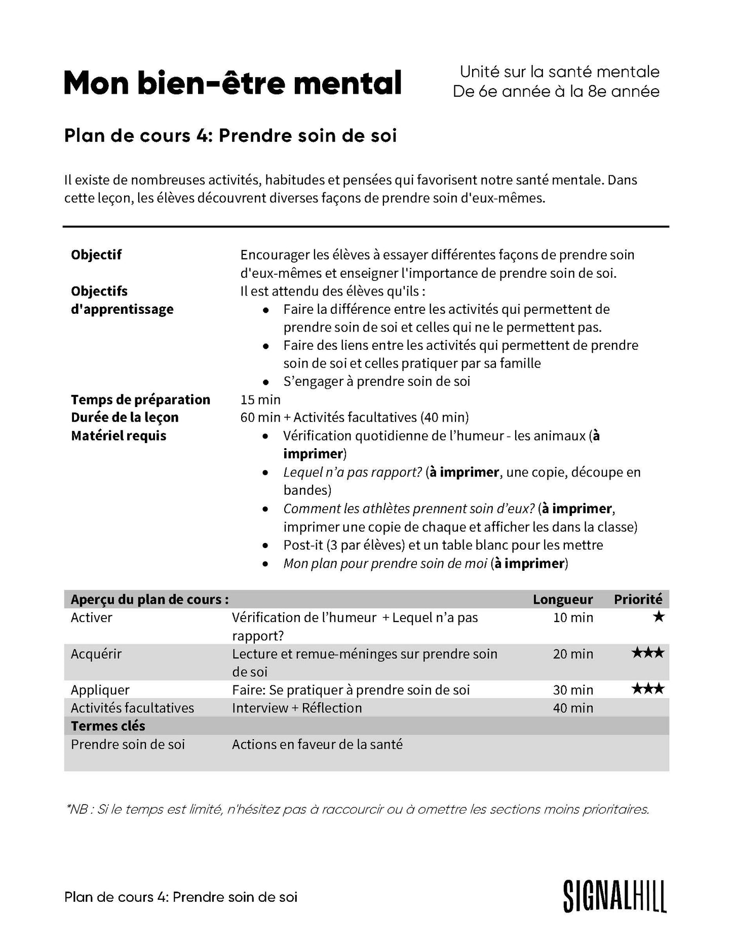 Mon bien-être mental - Ensemble de plans de cours (4 plans de cours)