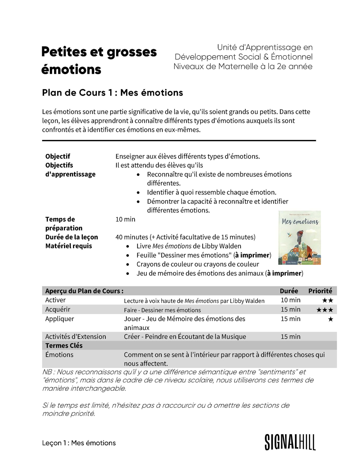 Plan de cours 1: Mes émotions
