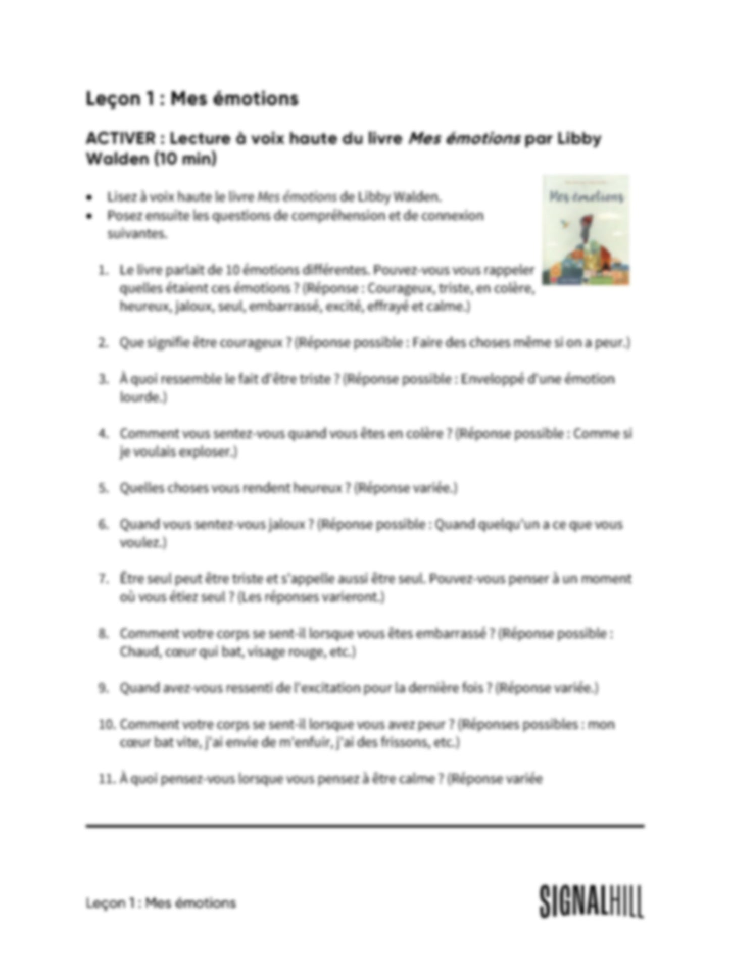 Plan de cours 1: Mes émotions