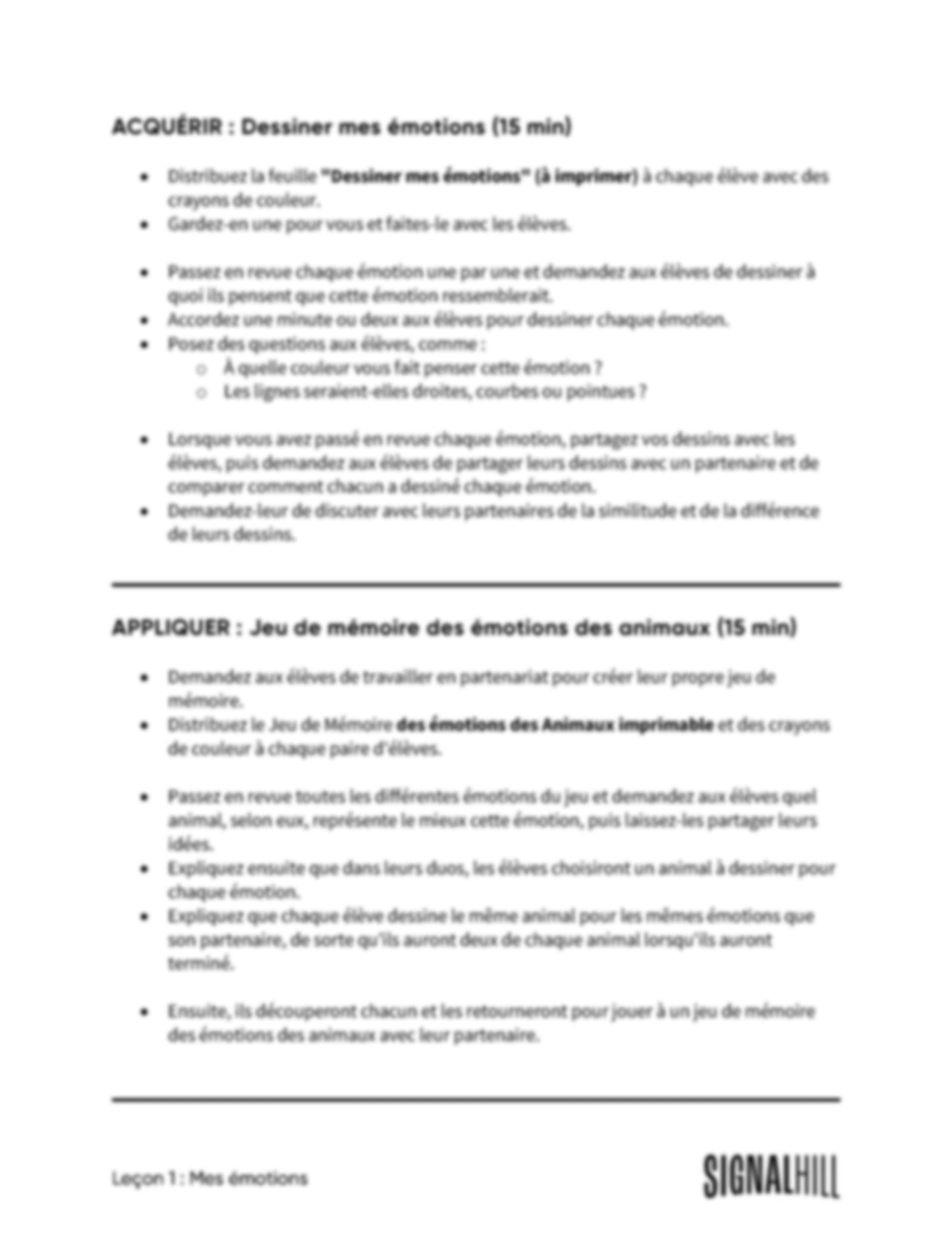 Plan de cours 1: Mes émotions