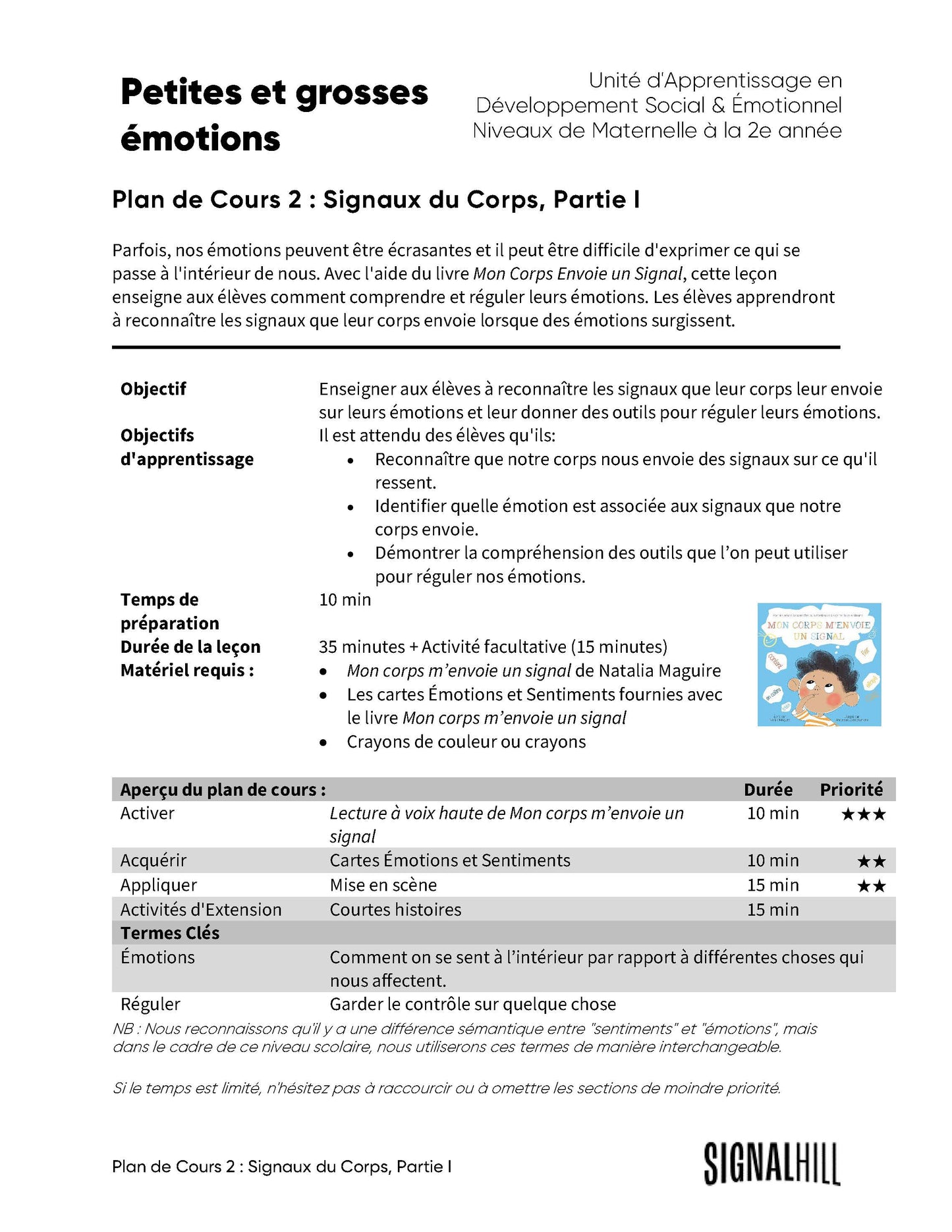 Plan de cours 2: Signaux du Corps, Partie I