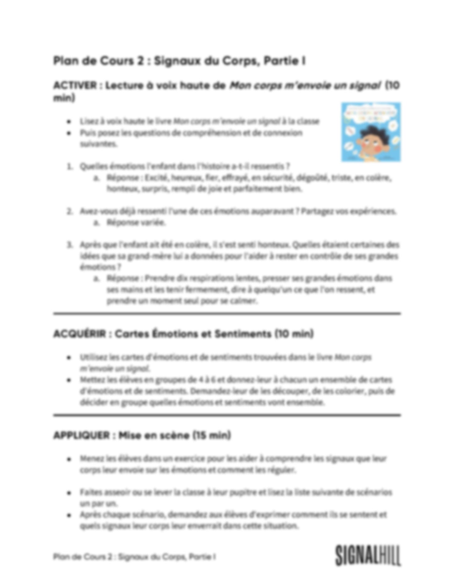 Plan de cours 2: Signaux du Corps, Partie I