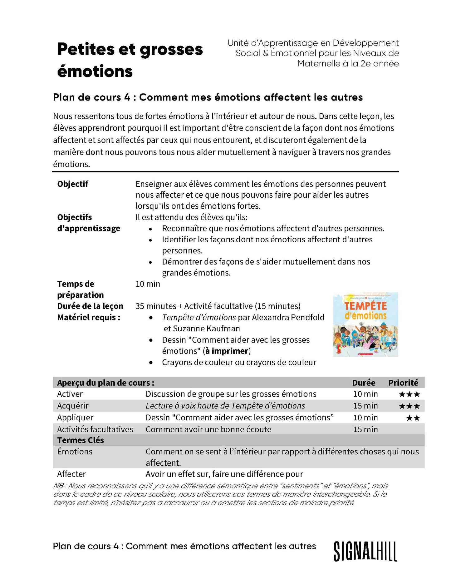 Plan de cours 4: Comment mes émotions affectent les autres