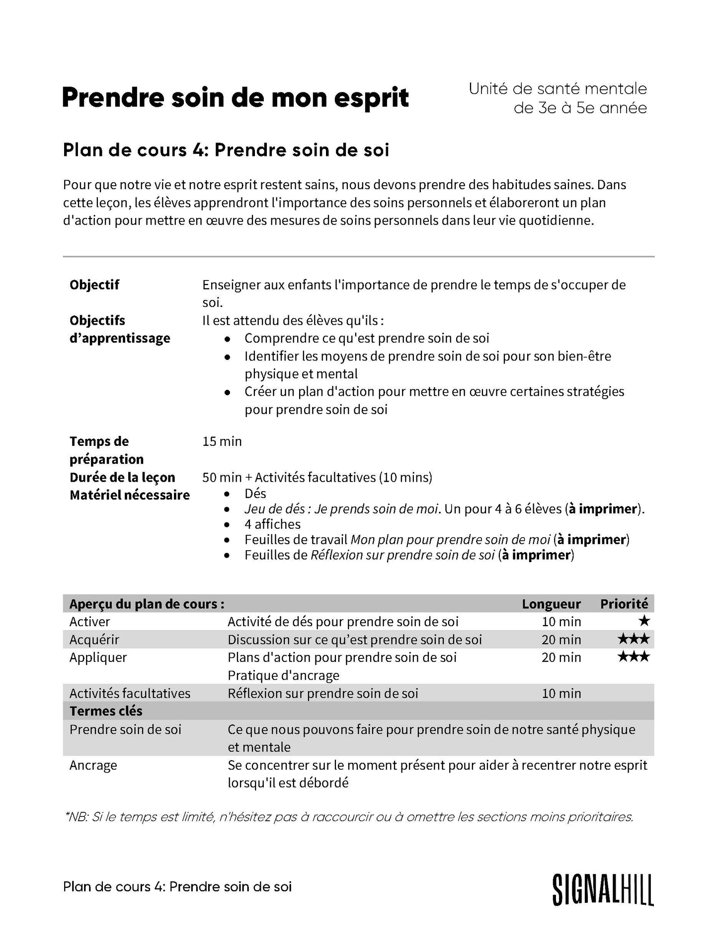 Prendre soin de mon esprit - Ensemble de plans de cours (4 plans de cours)