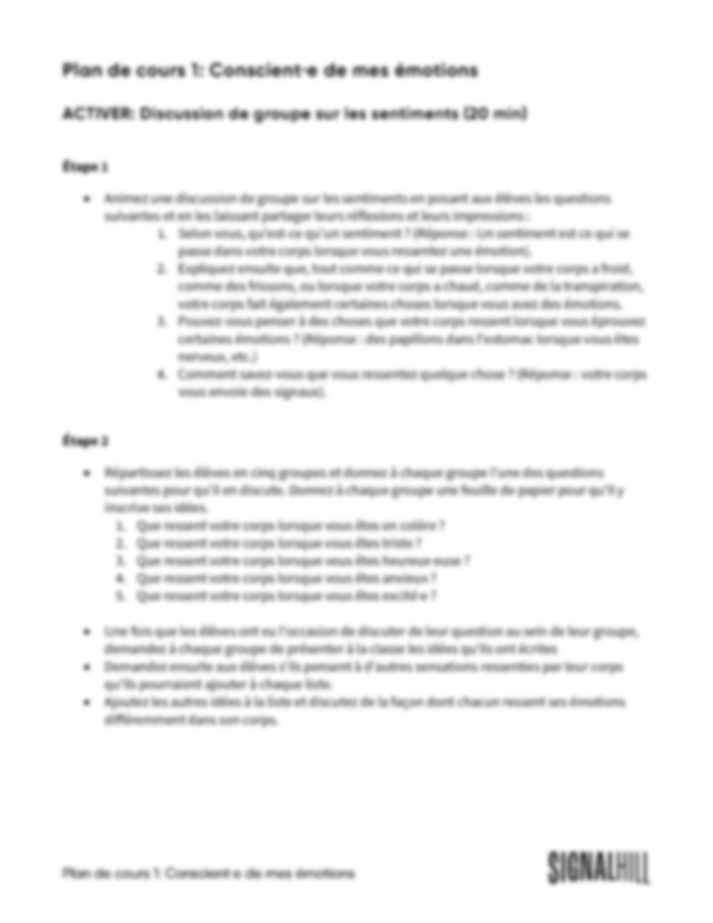 Plan de cours 1: Conscient·e de mes sentiments
