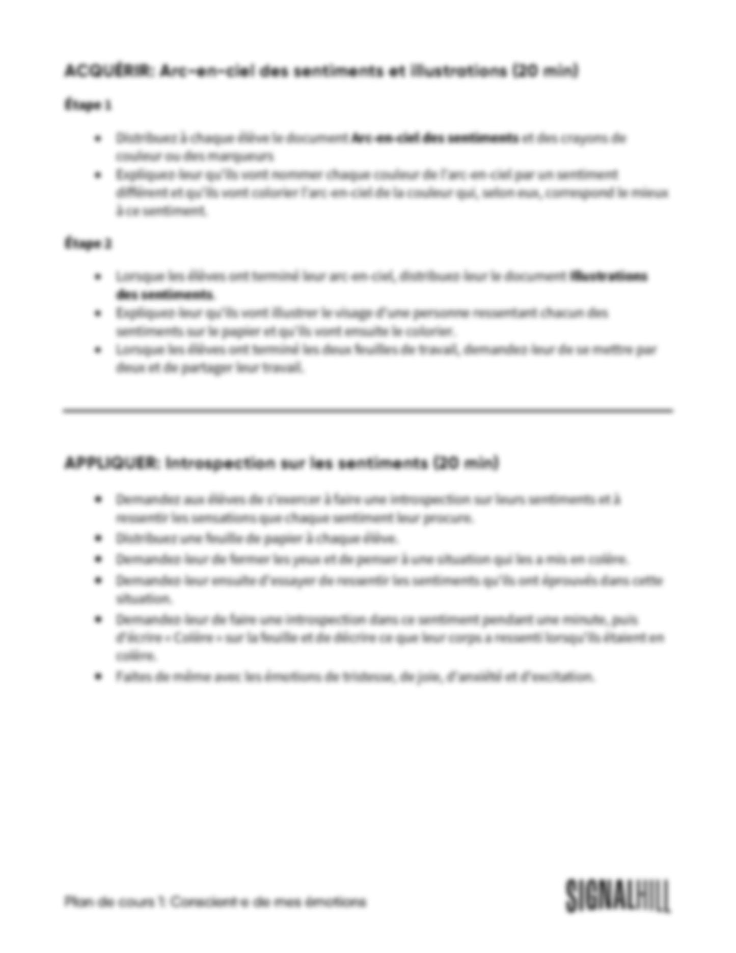 Plan de cours 1: Conscient·e de mes sentiments
