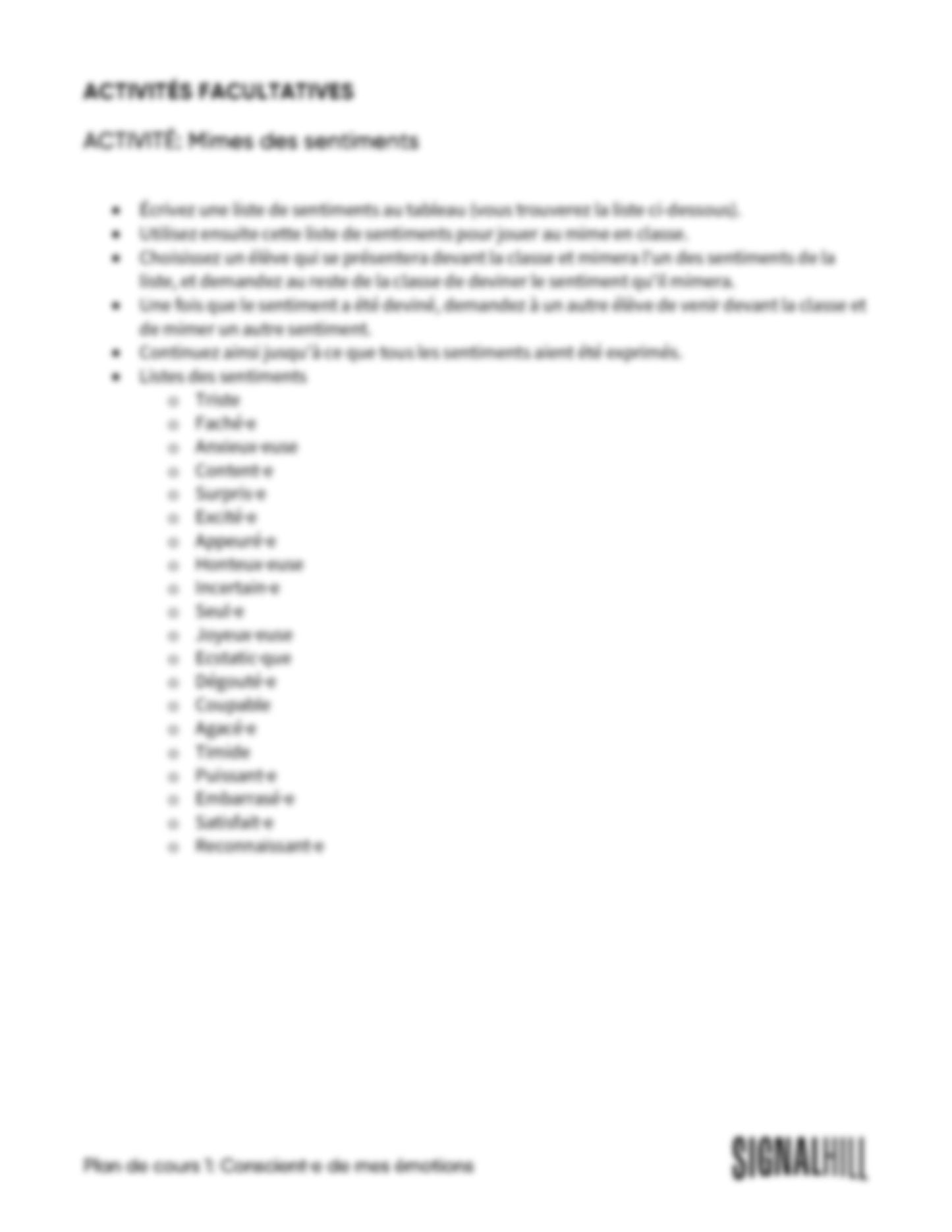 Plan de cours 1: Conscient·e de mes sentiments