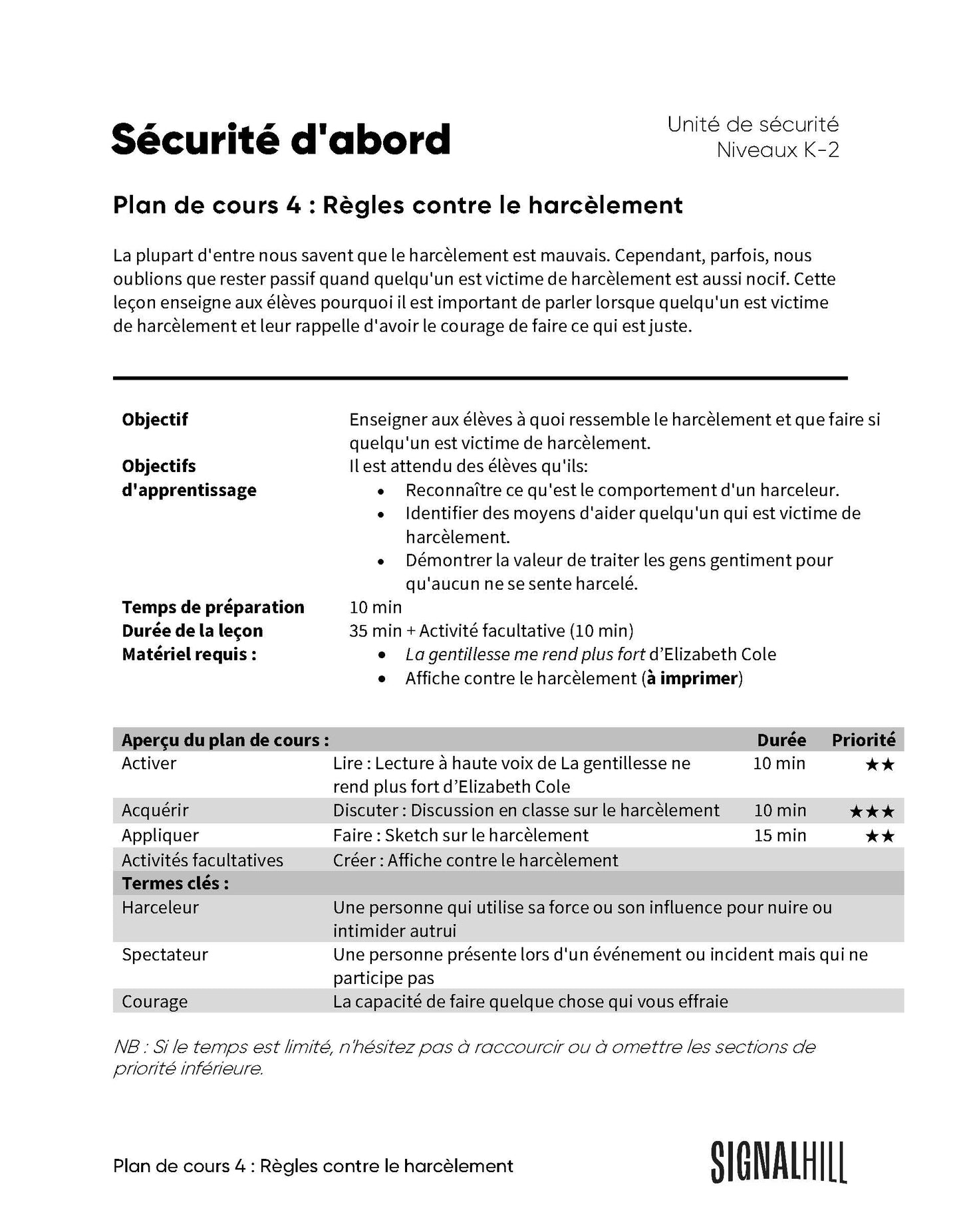 Sécurité d'abord - Ensemble de plans de cours (4 plans de cours)