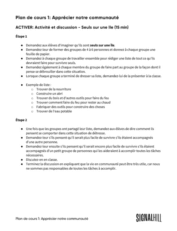 Plan de cours 1: Apprécier notre communauté