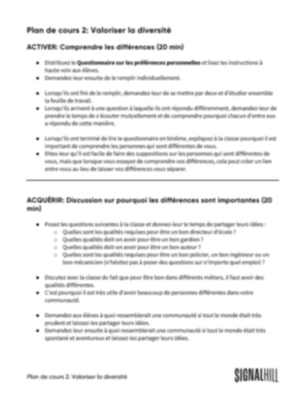 Plan de cours 2: Valoriser la diversité