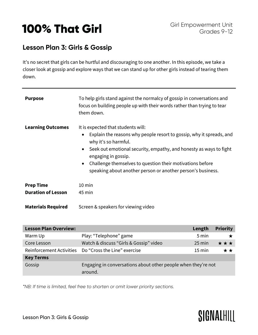 Lesson Plan 3: Girls & Gossip