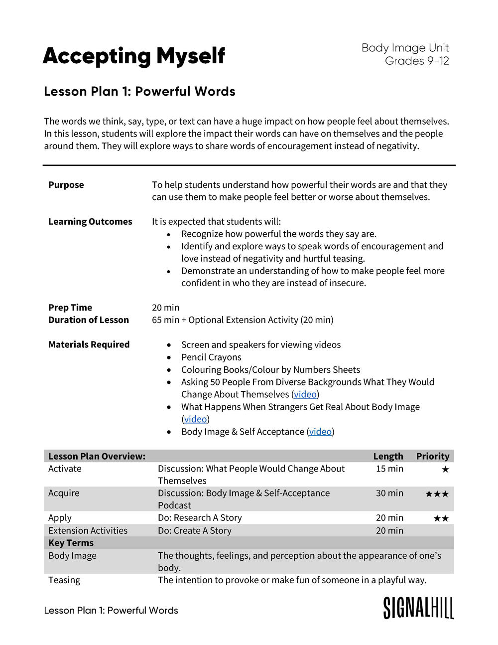 Accepting Myself - Lesson Plan Bundle (4 Lesson Plans)