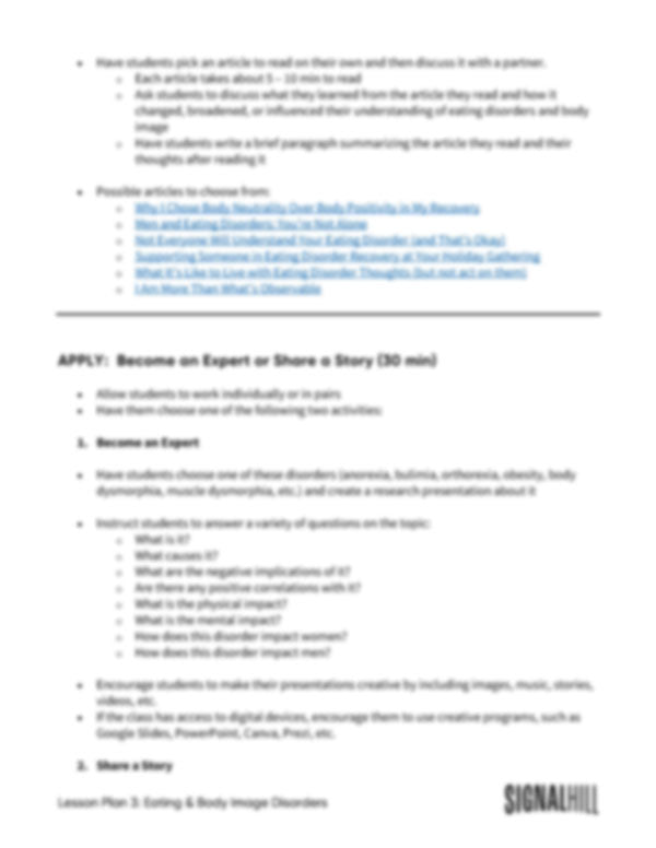 Lesson Plan 3: Eating & Body Image Disorders