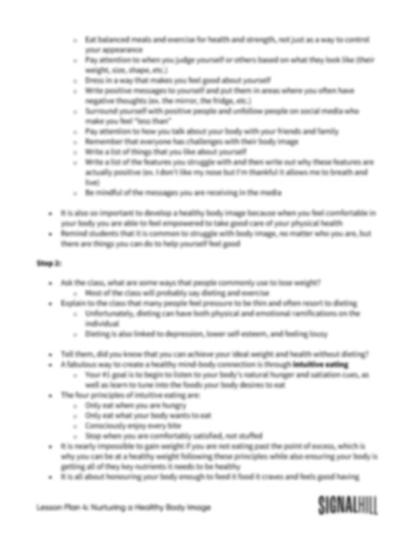 Lesson Plan 4: Nurturing a Healthy Body Image