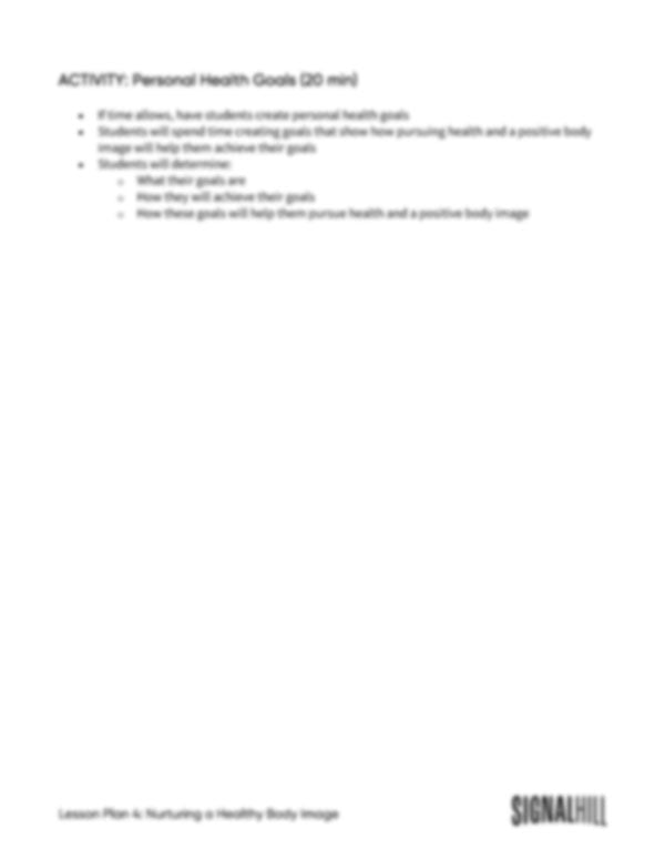 Lesson Plan 4: Nurturing a Healthy Body Image