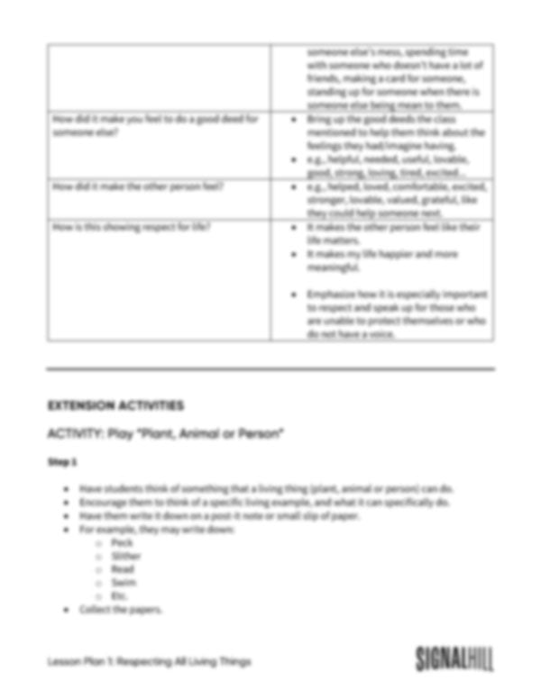 Lesson Plan 1: Respecting All Living Things