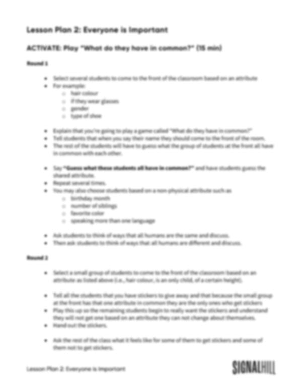 Lesson Plan 2: Everyone is Important