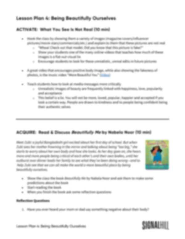 Lesson Plan 4: Being Beautifully Ourselves