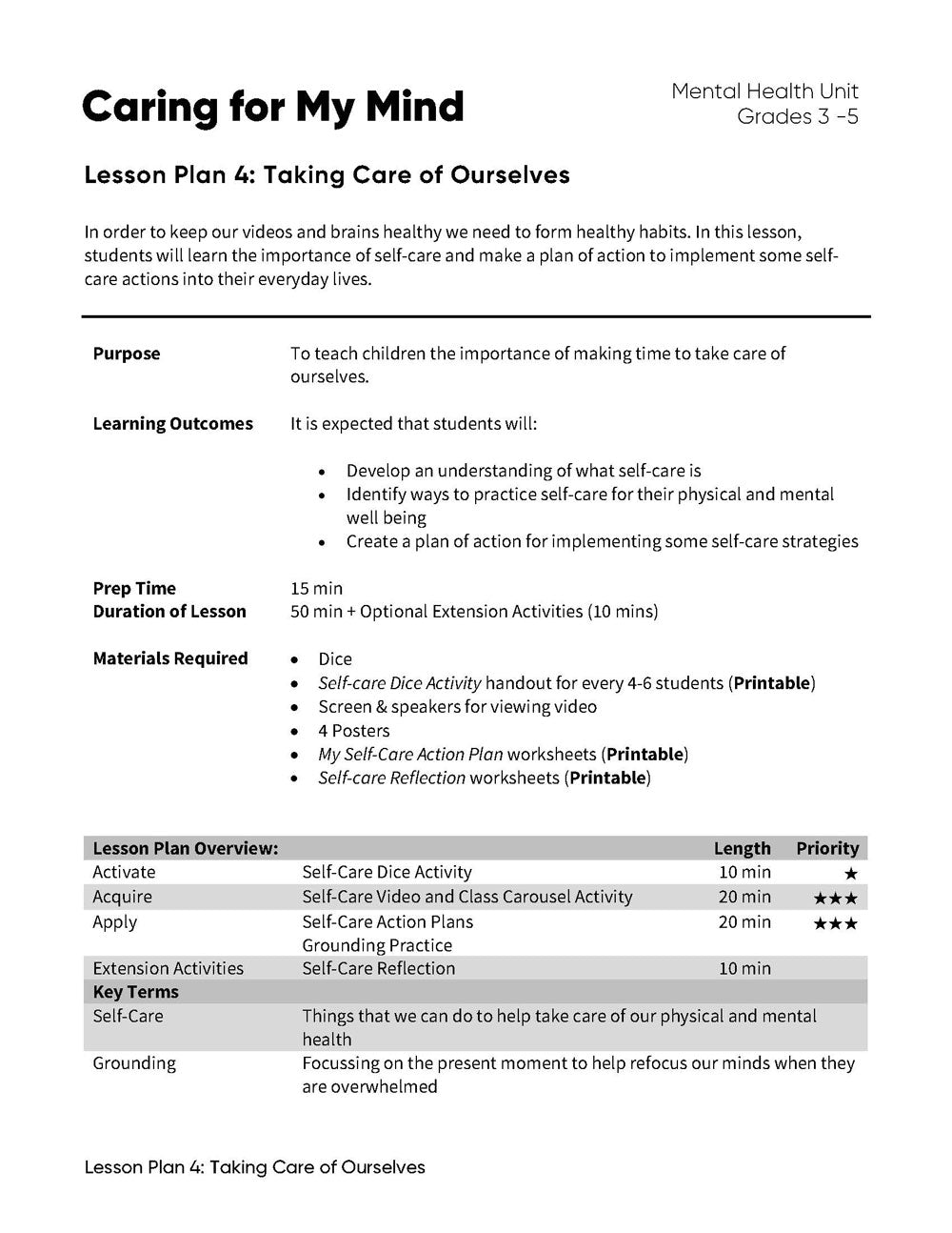 Caring for My Mind - Lesson Plan Bundle (4 Lesson Plans)