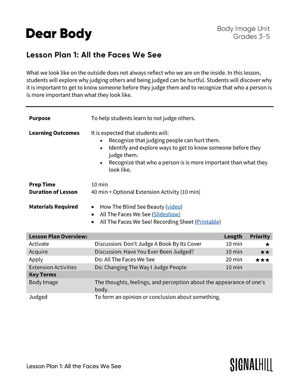 Dear Body - Lesson Plan Bundle (4 Lesson Plans)
