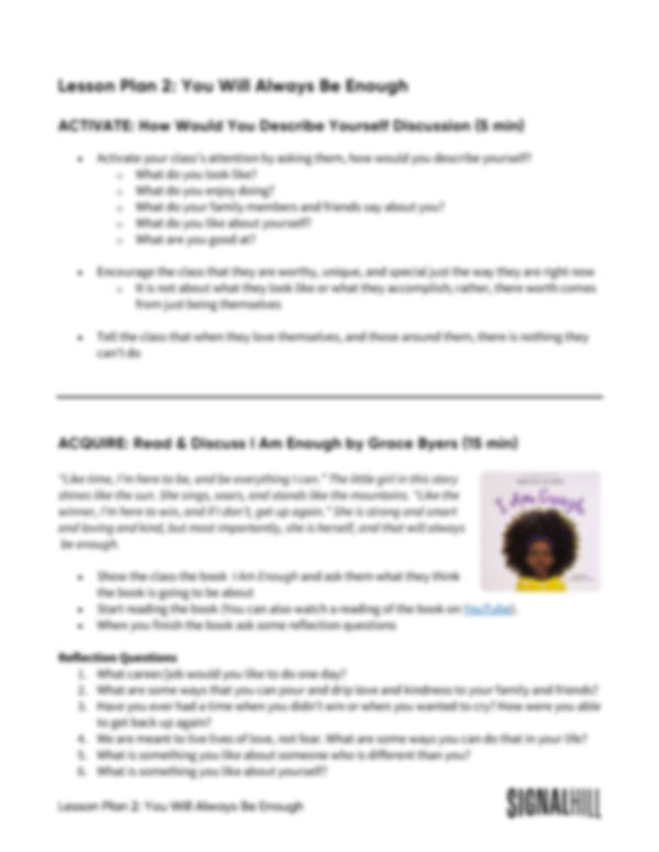 Lesson Plan 2: You Will Always Be Enough