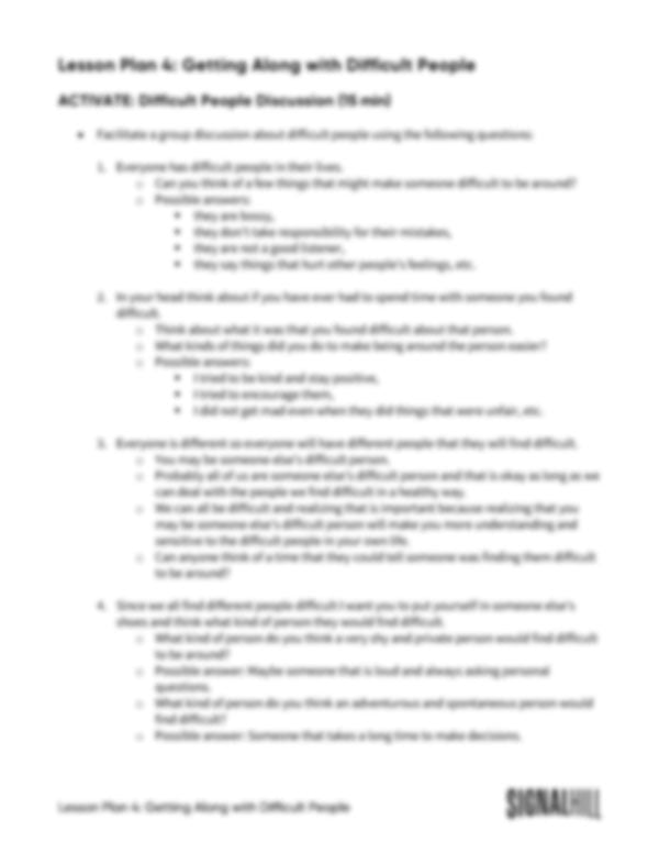 Lesson Plan 4: Getting Along with Difficult People