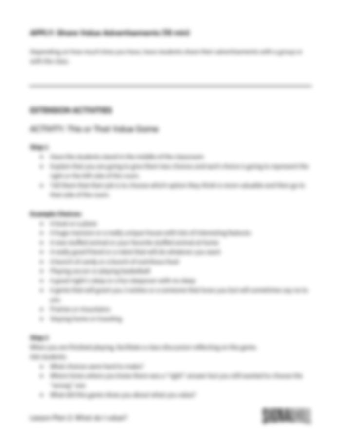Lesson Plan 2: What Do I Value?