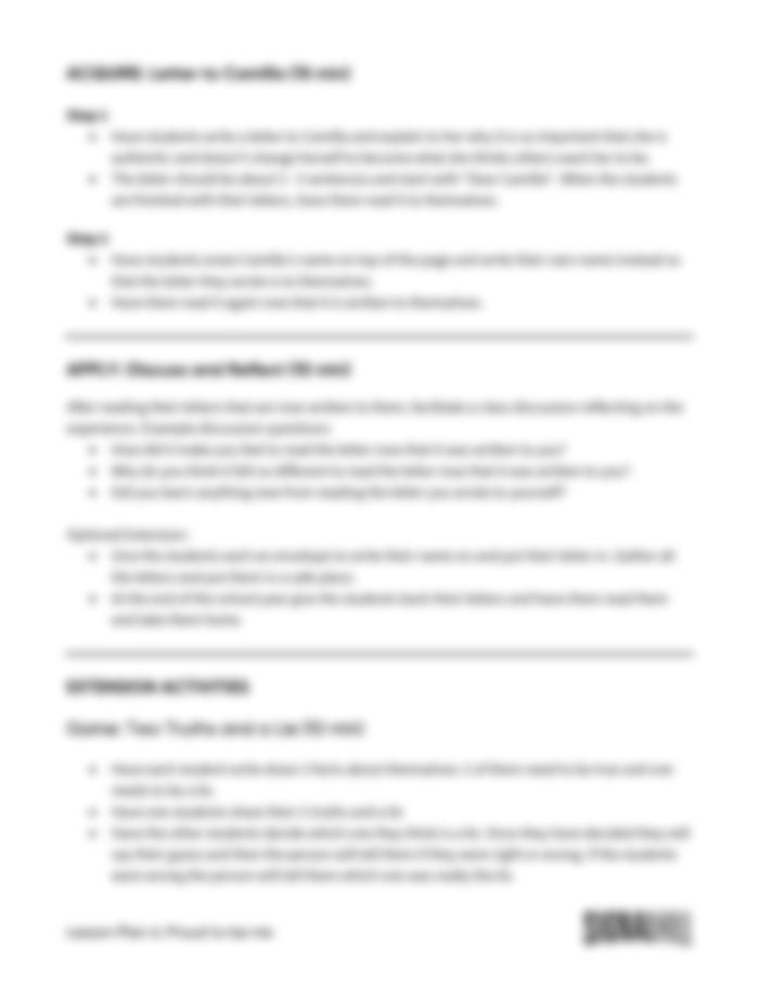 Lesson Plan 4: Proud to Be Me
