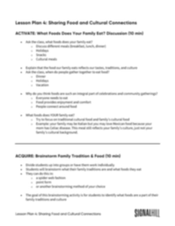 Lesson Plan 4: Sharing Food & Cultural Connections