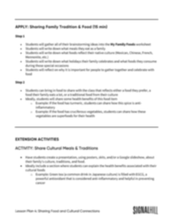 Lesson Plan 4: Sharing Food & Cultural Connections