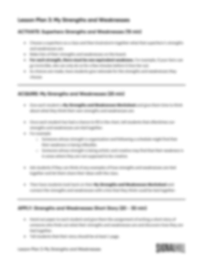 Lesson Plan 3: My Strengths & Weaknesses