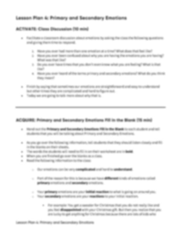 Lesson Plan 4: Primary & Secondary Emotions