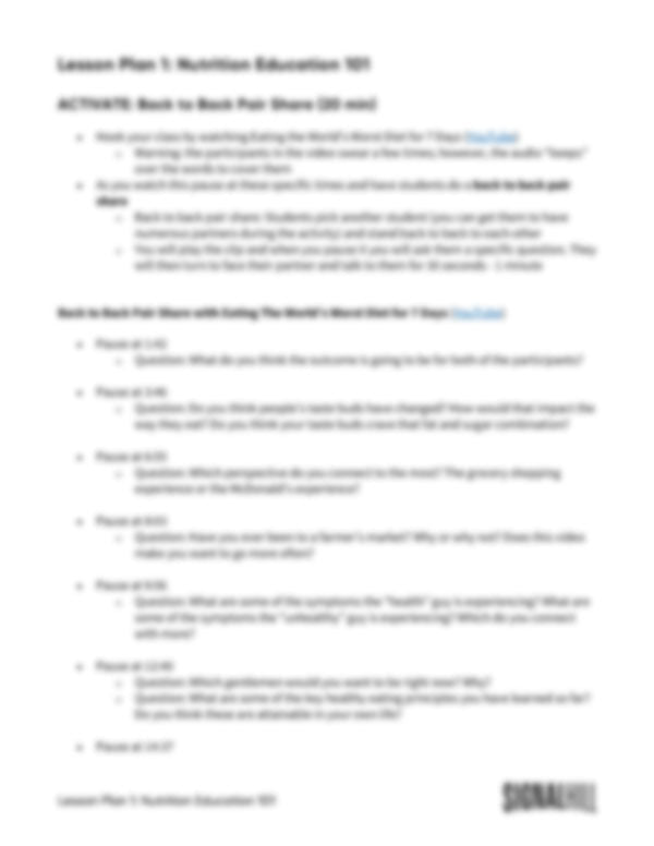 Lesson Plan 1: Nutrition Education 101