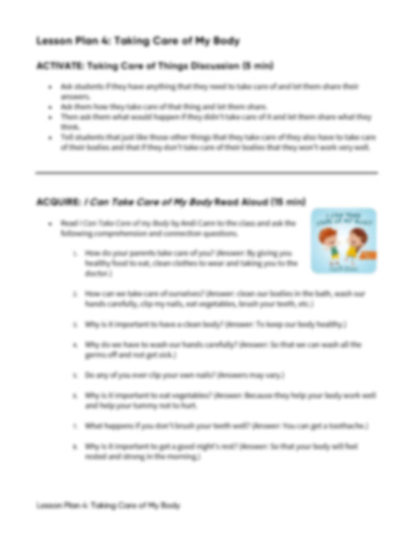 Lesson Plan 4: Taking Care of My Body